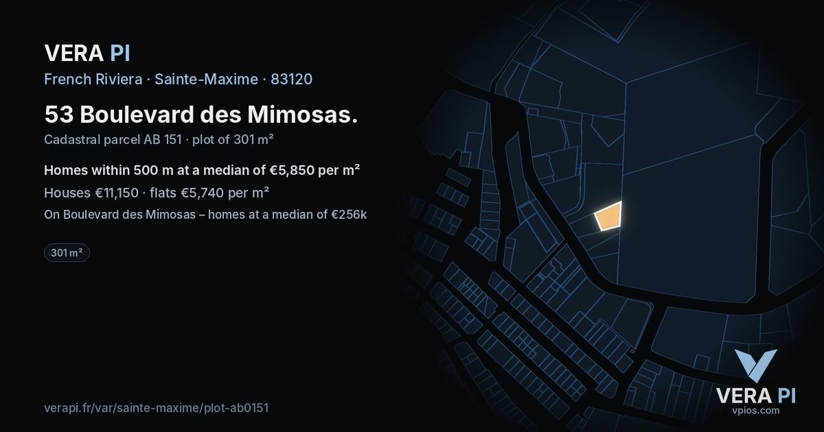 53 Boulevard des Mimosas, Sainte-Maxime at night – the plot lit, the parcels around coloured by the prices near them
