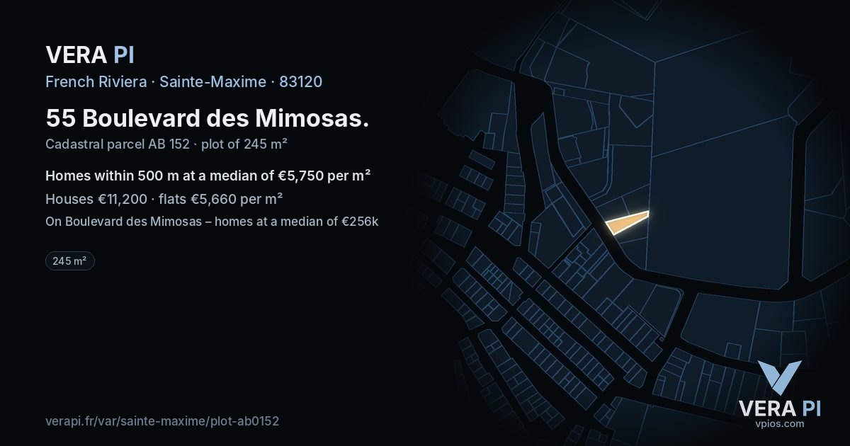 55 Boulevard des Mimosas, Sainte-Maxime at night – the plot lit, the parcels around coloured by the prices near them