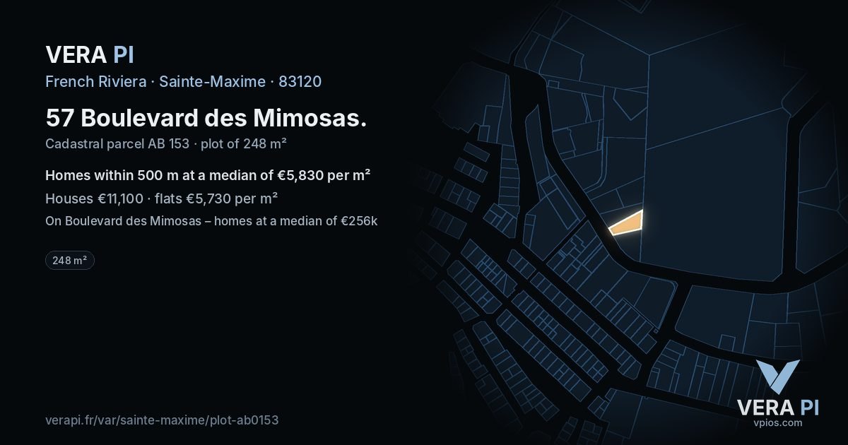 57 Boulevard des Mimosas, Sainte-Maxime at night – the plot lit, the parcels around coloured by the prices near them