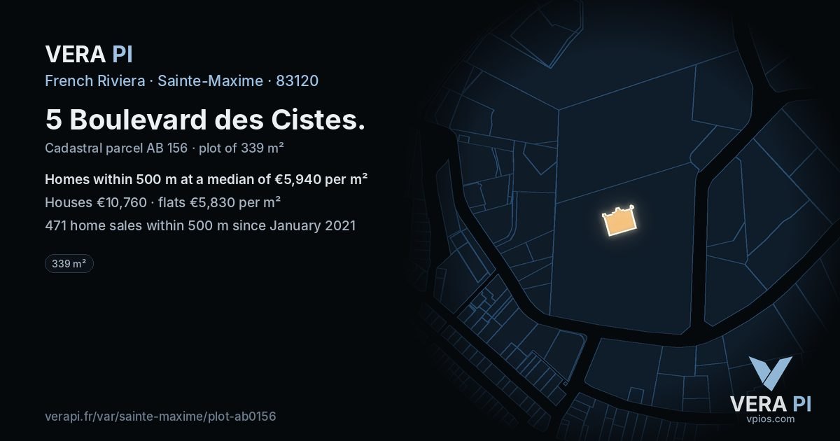 5 Boulevard des Cistes, Sainte-Maxime at night – the plot lit, the parcels around coloured by the prices near them
