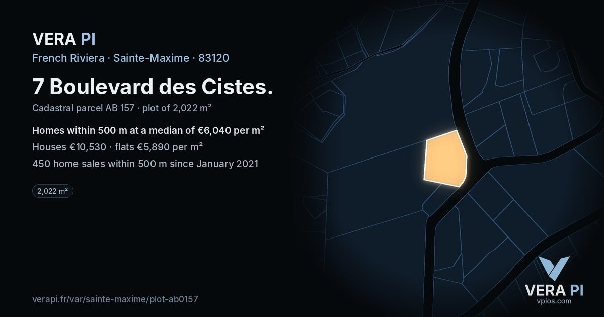 7 Boulevard des Cistes, Sainte-Maxime at night – the plot lit, the parcels around coloured by the prices near them