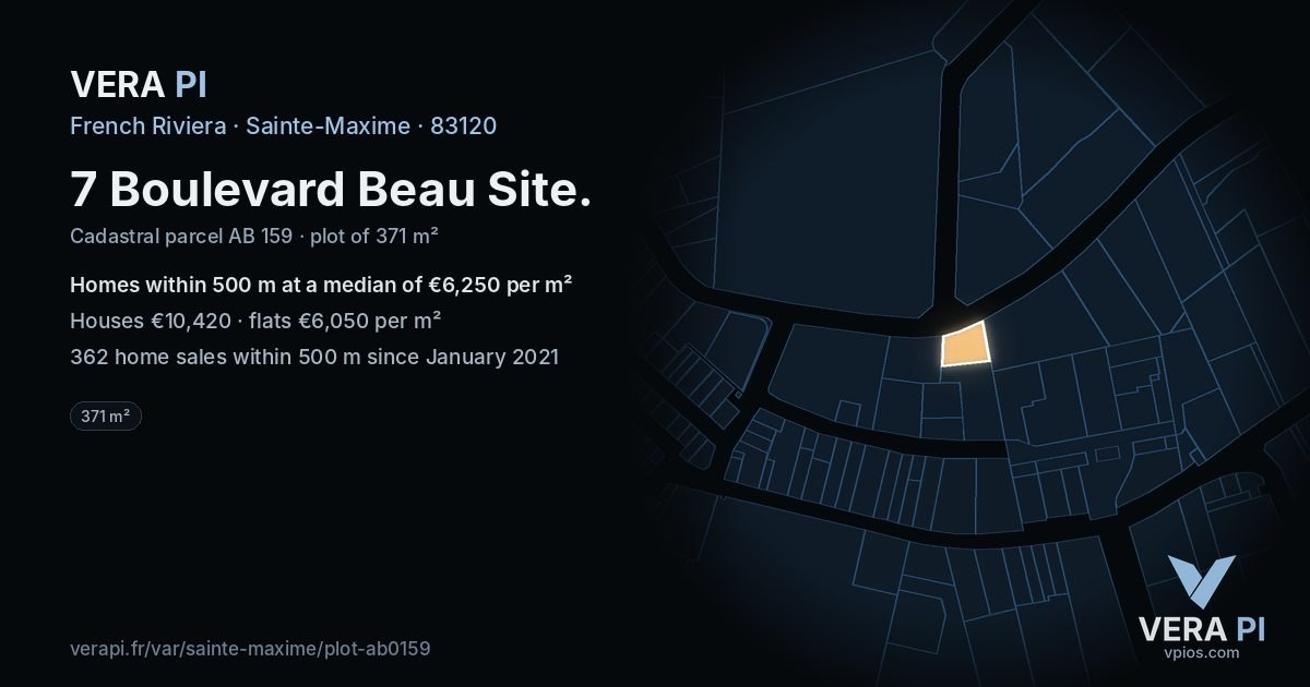 7 Boulevard Beau Site, Sainte-Maxime at night – the plot lit, the parcels around coloured by the prices near them