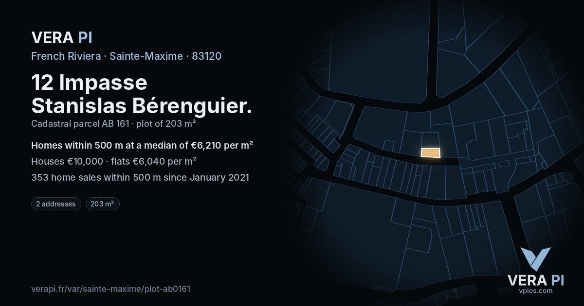 12 Impasse Stanislas Bérenguier, Sainte-Maxime at night – the plot lit, the parcels around coloured by the prices near them