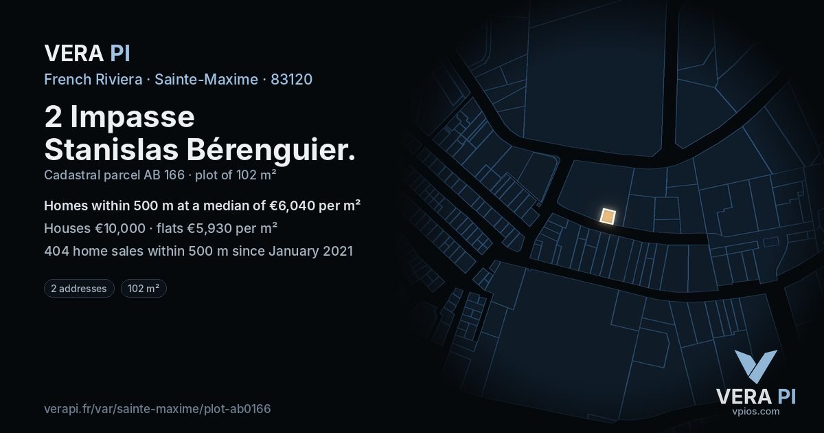 2 Impasse Stanislas Bérenguier, Sainte-Maxime at night – the plot lit, the parcels around coloured by the prices near them