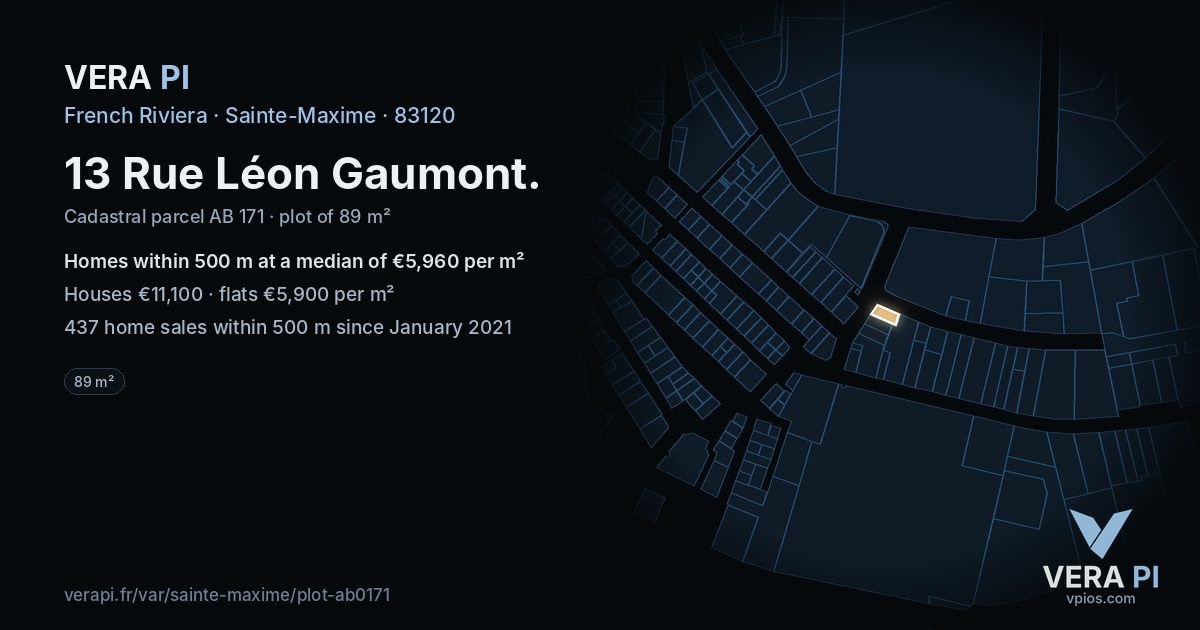 13 Rue Léon Gaumont, Sainte-Maxime at night – the plot lit, the parcels around coloured by the prices near them