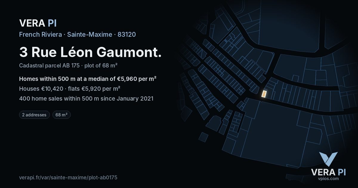 3 Rue Léon Gaumont, Sainte-Maxime at night – the plot lit, the parcels around coloured by the prices near them