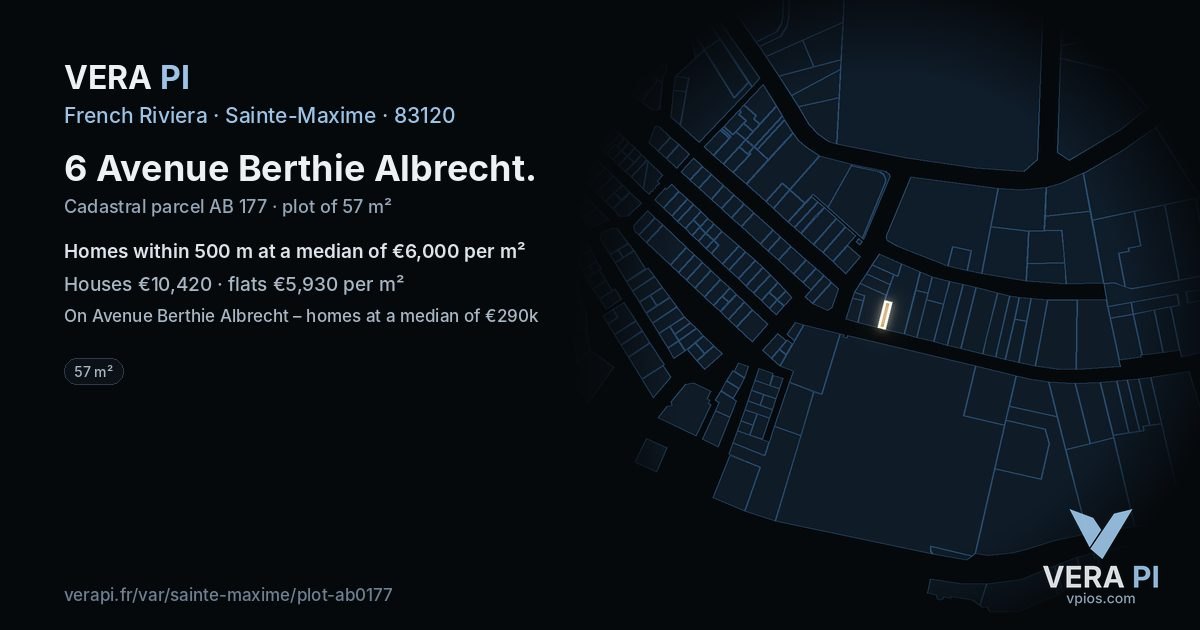 6 Avenue Berthie Albrecht, Sainte-Maxime at night – the plot lit, the parcels around coloured by the prices near them
