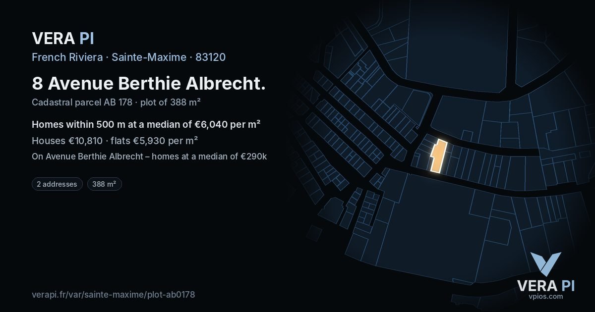 8 Avenue Berthie Albrecht, Sainte-Maxime at night – the plot lit, the parcels around coloured by the prices near them