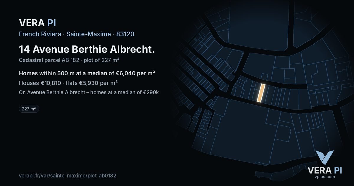 14 Avenue Berthie Albrecht, Sainte-Maxime at night – the plot lit, the parcels around coloured by the prices near them