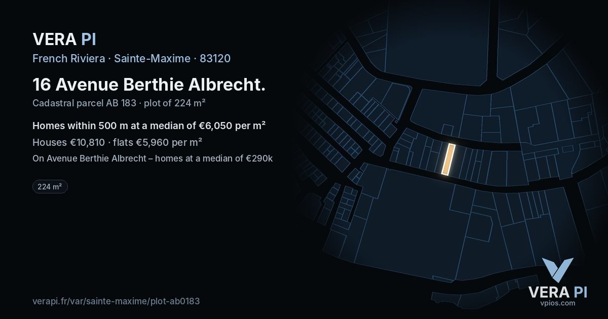 16 Avenue Berthie Albrecht, Sainte-Maxime at night – the plot lit, the parcels around coloured by the prices near them