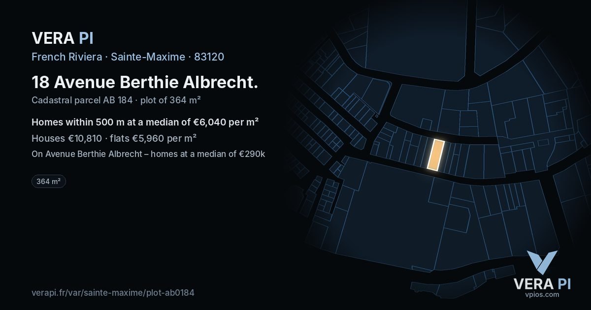 18 Avenue Berthie Albrecht, Sainte-Maxime at night – the plot lit, the parcels around coloured by the prices near them