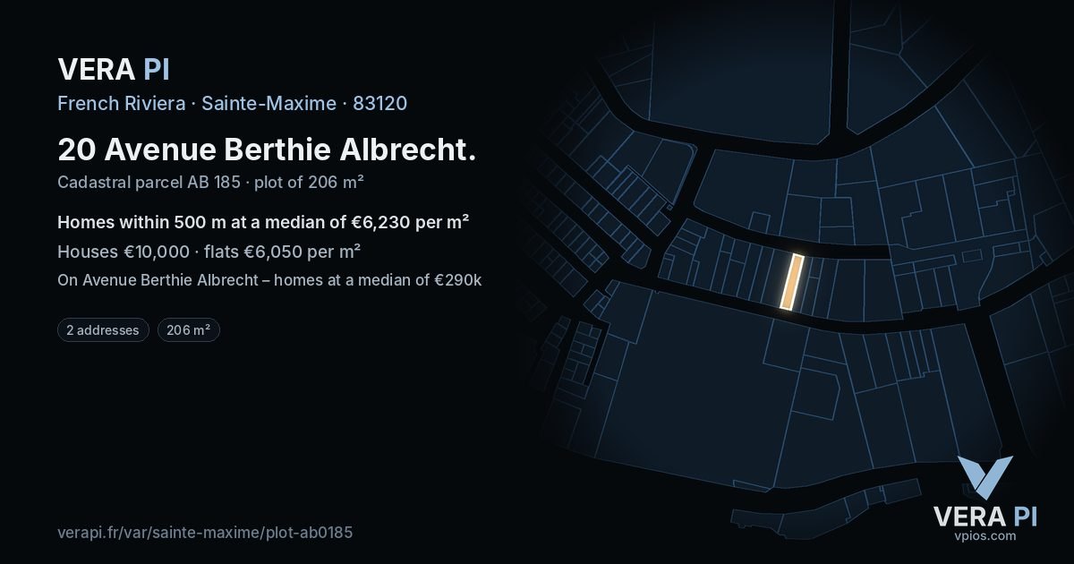20 Avenue Berthie Albrecht, Sainte-Maxime at night – the plot lit, the parcels around coloured by the prices near them