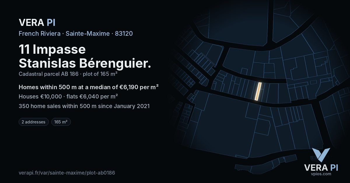 11 Impasse Stanislas Bérenguier, Sainte-Maxime at night – the plot lit, the parcels around coloured by the prices near them