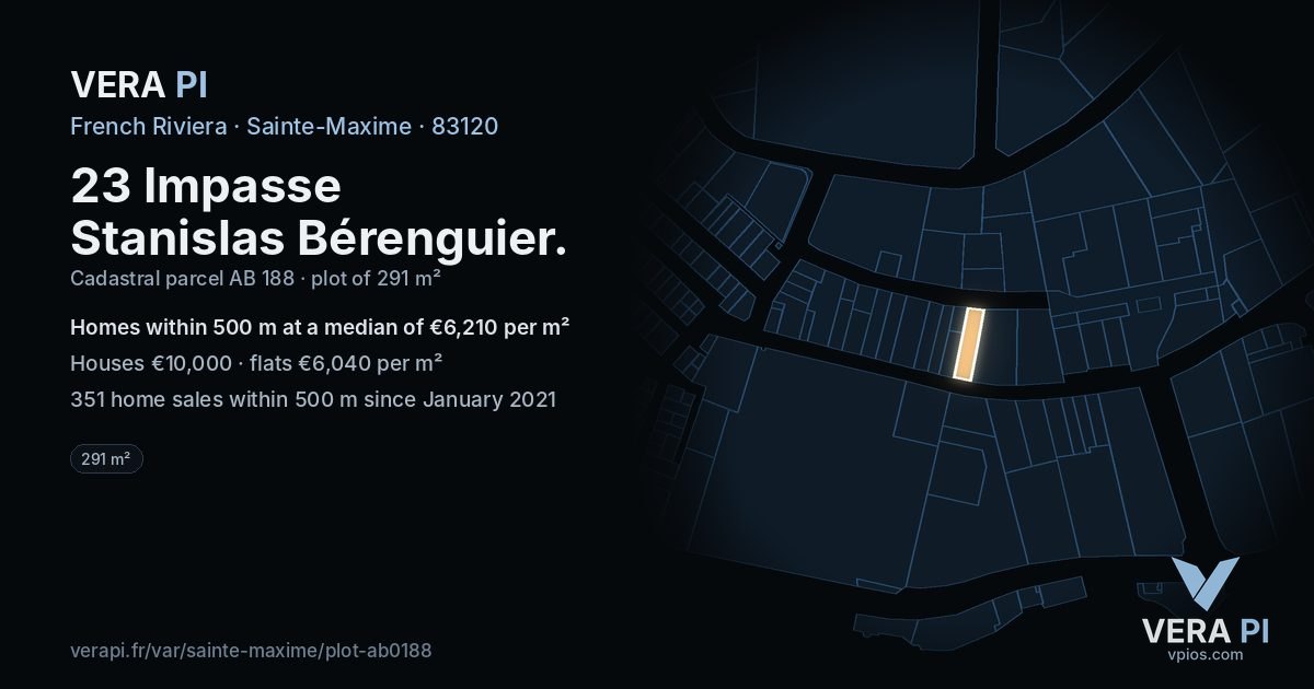 23 Impasse Stanislas Bérenguier, Sainte-Maxime at night – the plot lit, the parcels around coloured by the prices near them