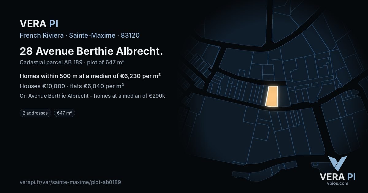 28 Avenue Berthie Albrecht, Sainte-Maxime at night – the plot lit, the parcels around coloured by the prices near them
