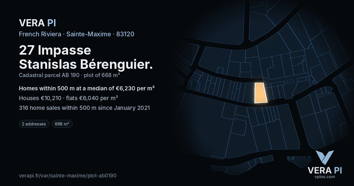 27 Impasse Stanislas Bérenguier, Sainte-Maxime at night – the plot lit, the parcels around coloured by the prices near them