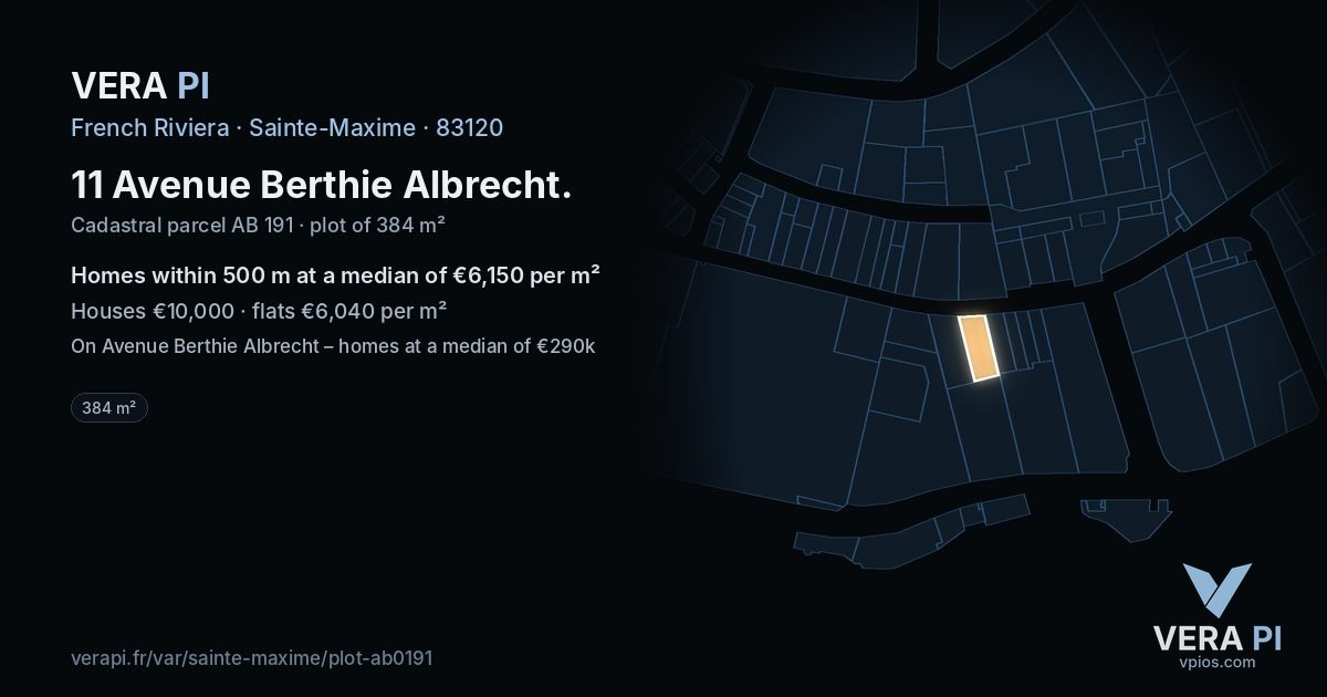 11 Avenue Berthie Albrecht, Sainte-Maxime at night – the plot lit, the parcels around coloured by the prices near them