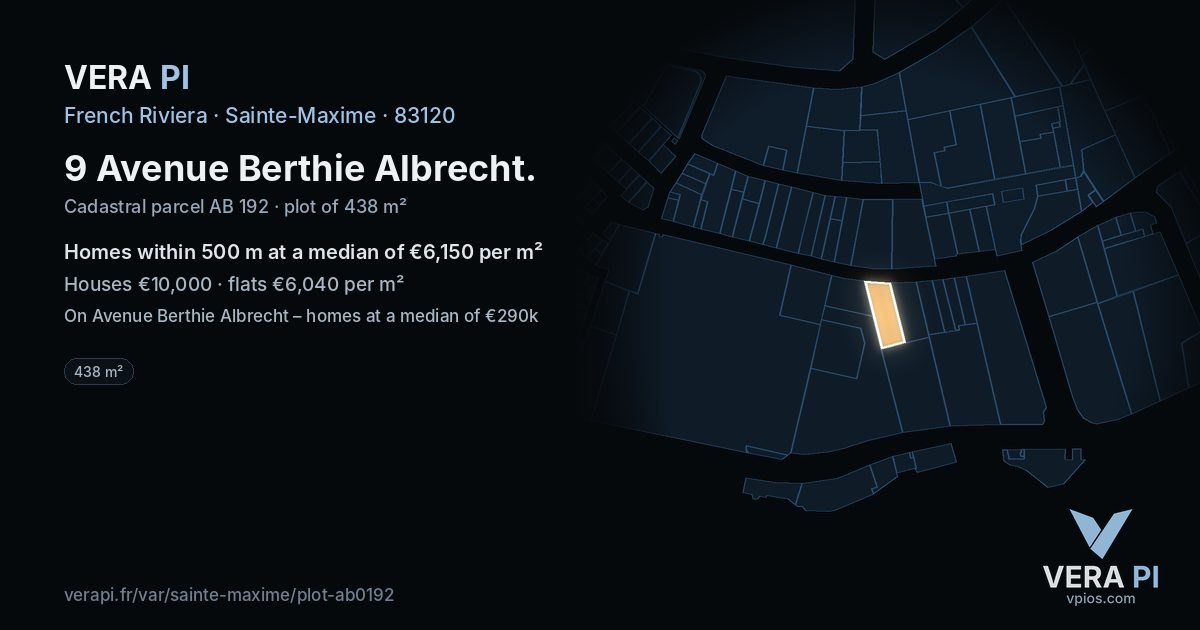 9 Avenue Berthie Albrecht, Sainte-Maxime at night – the plot lit, the parcels around coloured by the prices near them