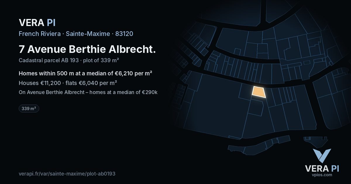 7 Avenue Berthie Albrecht, Sainte-Maxime at night – the plot lit, the parcels around coloured by the prices near them
