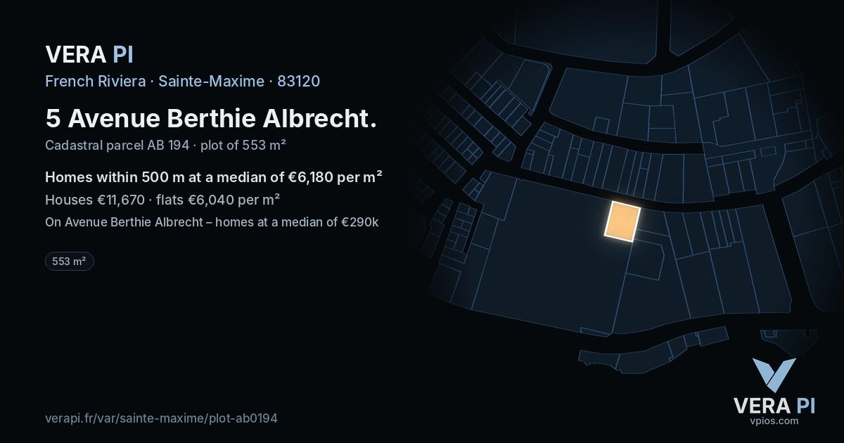 5 Avenue Berthie Albrecht, Sainte-Maxime at night – the plot lit, the parcels around coloured by the prices near them