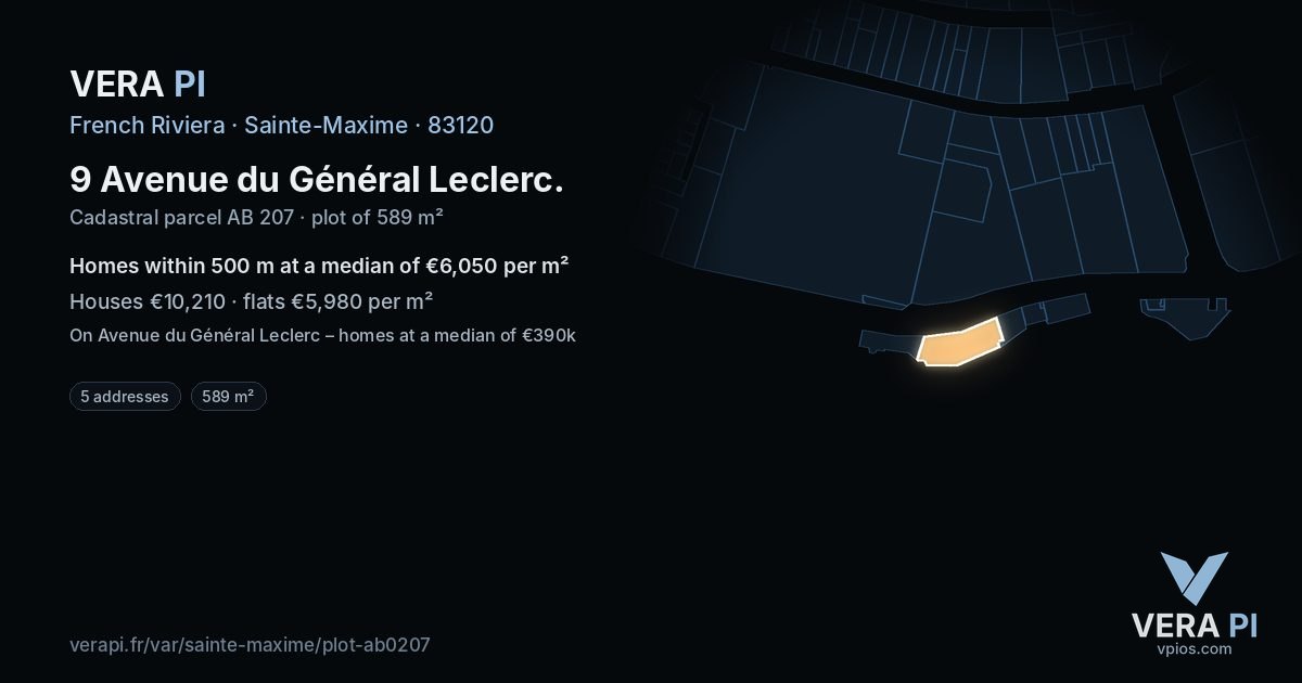 9 Avenue du Général Leclerc, Sainte-Maxime at night – the plot lit, the parcels around coloured by the prices near them