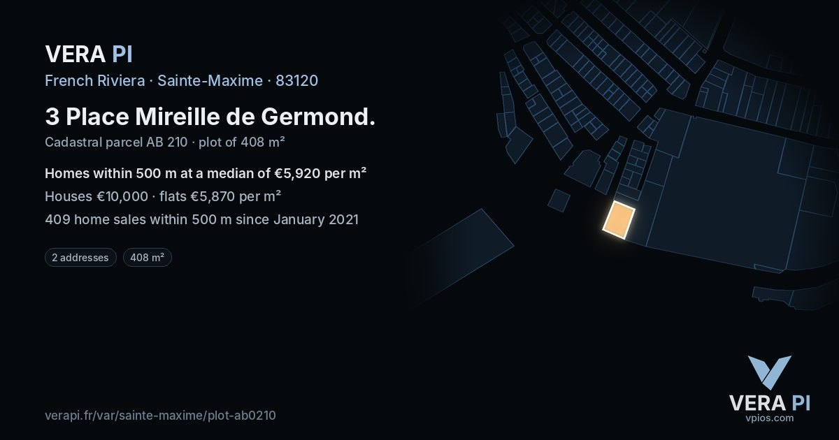 3 Place Mireille de Germond, Sainte-Maxime at night – the plot lit, the parcels around coloured by the prices near them