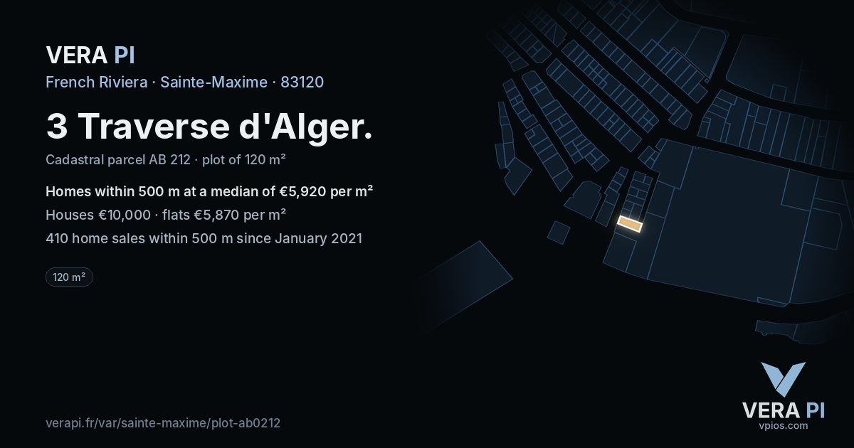 3 Traverse d'Alger, Sainte-Maxime at night – the plot lit, the parcels around coloured by the prices near them