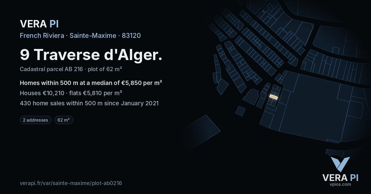 9 Traverse d'Alger, Sainte-Maxime at night – the plot lit, the parcels around coloured by the prices near them