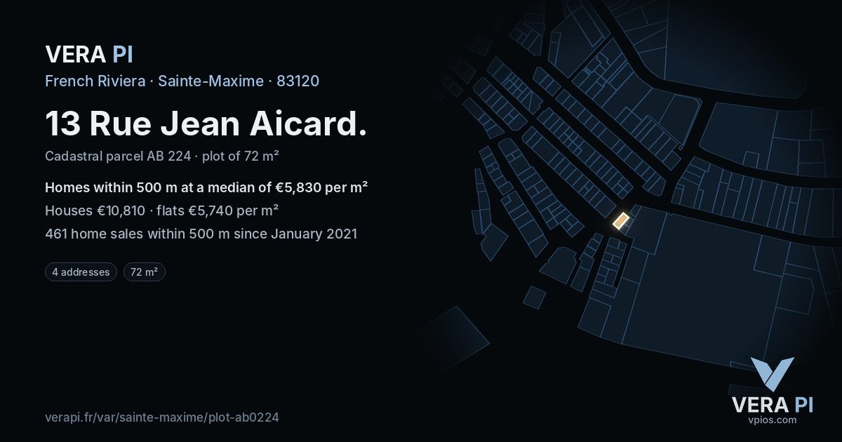 13 Rue Jean Aicard, Sainte-Maxime at night – the plot lit, the parcels around coloured by the prices near them