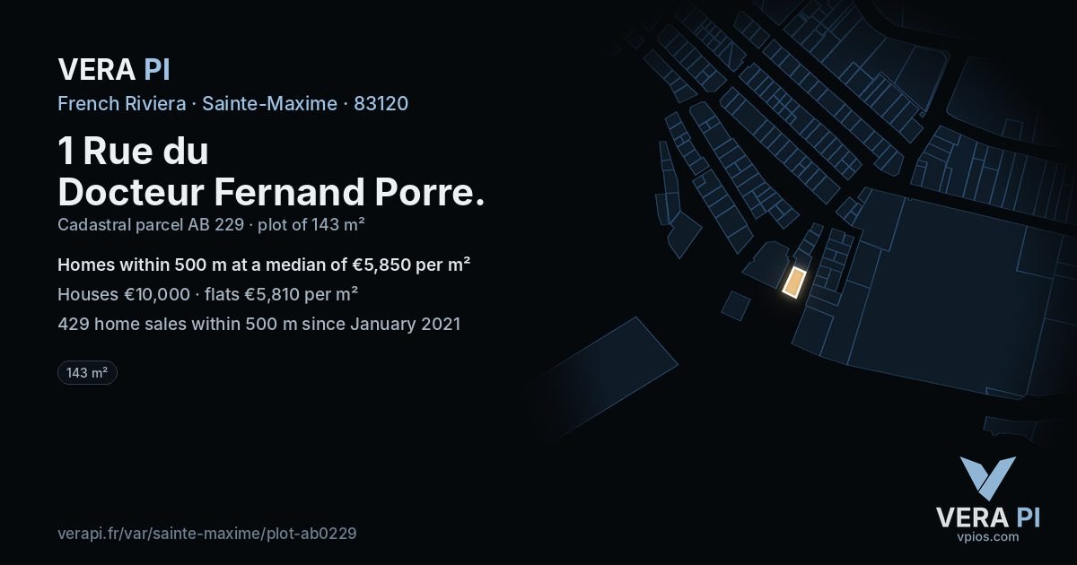 1 Rue du Docteur Fernand Porre, Sainte-Maxime at night – the plot lit, the parcels around coloured by the prices near them