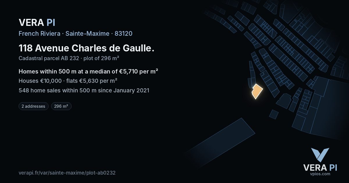118 Avenue Charles de Gaulle, Sainte-Maxime at night – the plot lit, the parcels around coloured by the prices near them
