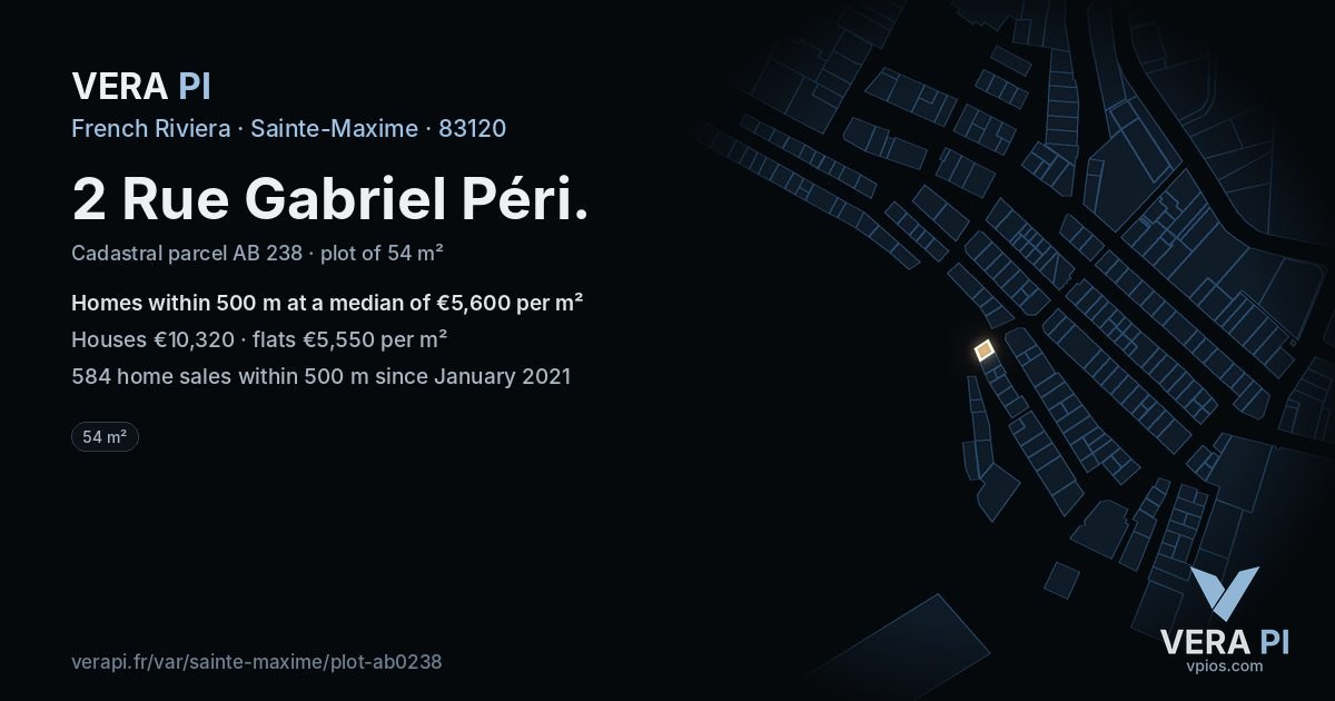 2 Rue Gabriel Péri, Sainte-Maxime at night – the plot lit, the parcels around coloured by the prices near them