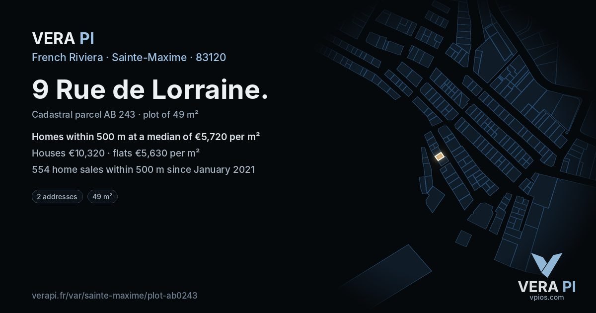 9 Rue de Lorraine, Sainte-Maxime at night – the plot lit, the parcels around coloured by the prices near them