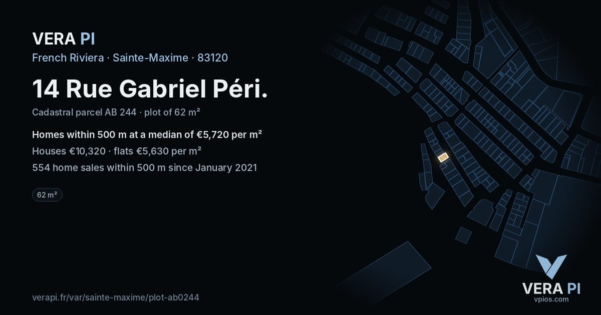 14 Rue Gabriel Péri, Sainte-Maxime at night – the plot lit, the parcels around coloured by the prices near them