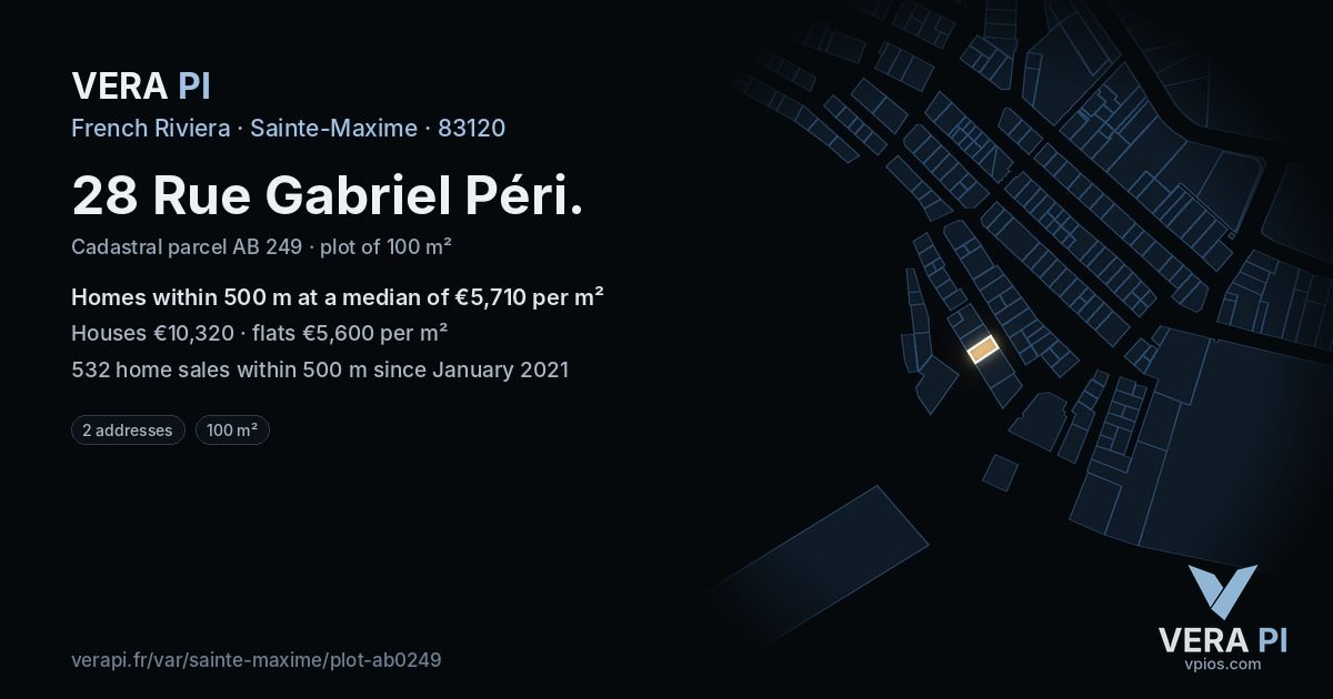 28 Rue Gabriel Péri, Sainte-Maxime at night – the plot lit, the parcels around coloured by the prices near them