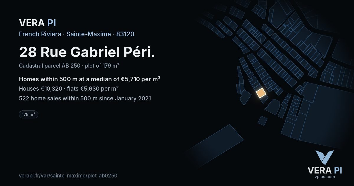 28 Rue Gabriel Péri, Sainte-Maxime at night – the plot lit, the parcels around coloured by the prices near them