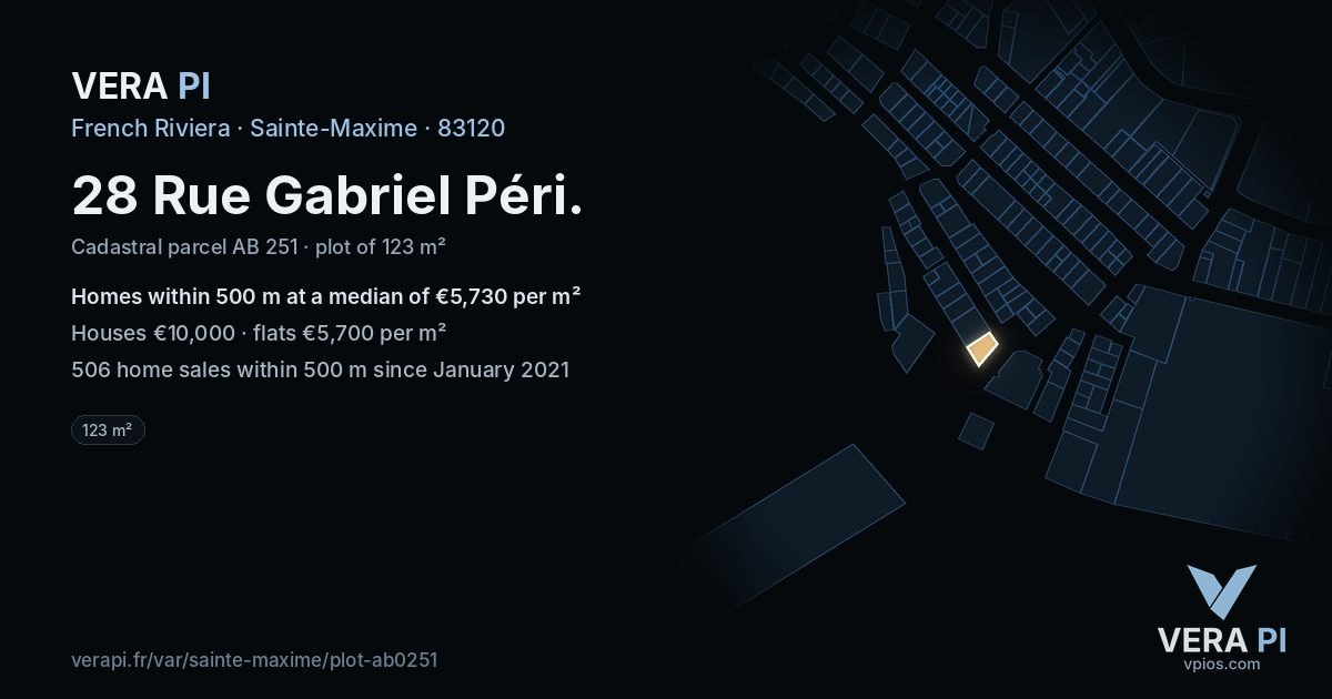 28 Rue Gabriel Péri, Sainte-Maxime at night – the plot lit, the parcels around coloured by the prices near them