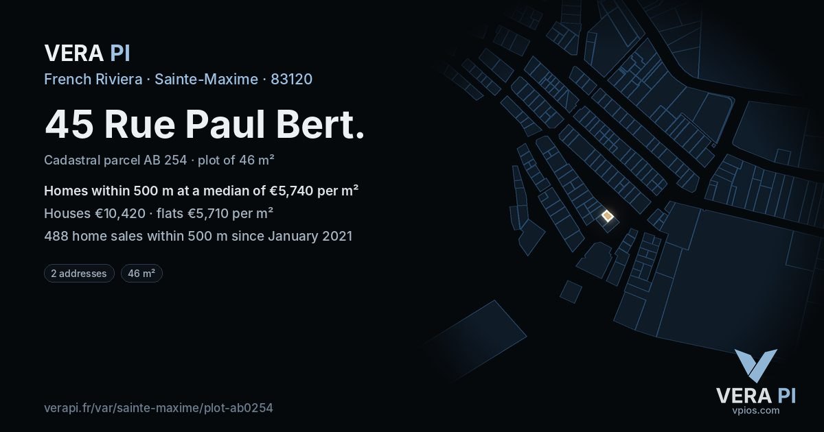 45 Rue Paul Bert, Sainte-Maxime at night – the plot lit, the parcels around coloured by the prices near them