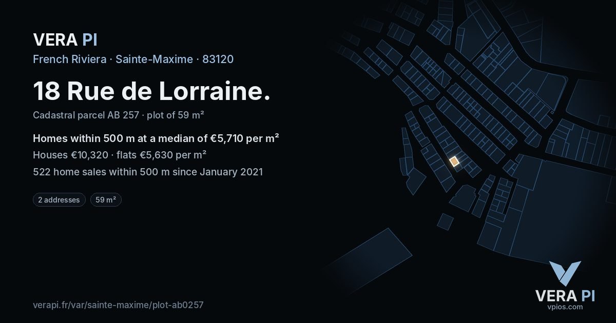18 Rue de Lorraine, Sainte-Maxime at night – the plot lit, the parcels around coloured by the prices near them