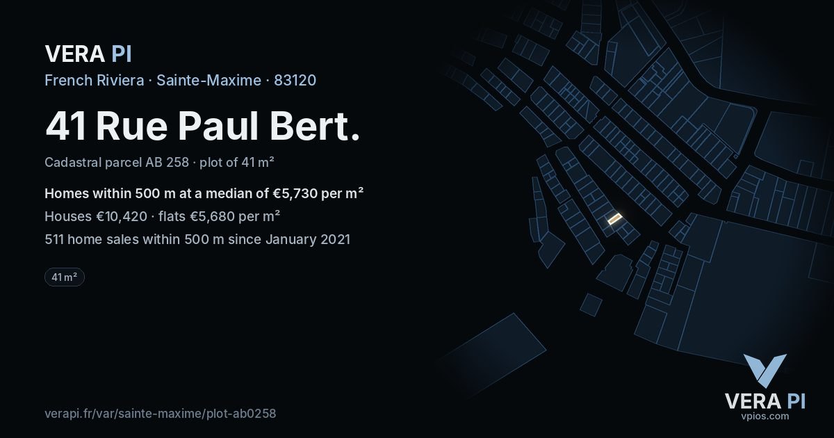 41 Rue Paul Bert, Sainte-Maxime at night – the plot lit, the parcels around coloured by the prices near them