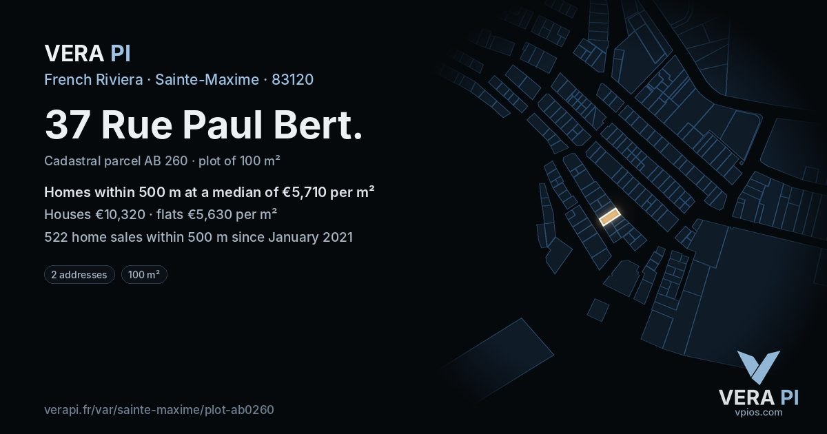 37 Rue Paul Bert, Sainte-Maxime at night – the plot lit, the parcels around coloured by the prices near them