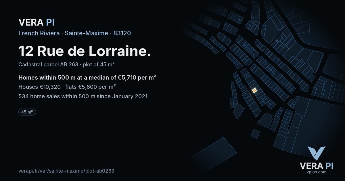 12 Rue de Lorraine, Sainte-Maxime at night – the plot lit, the parcels around coloured by the prices near them