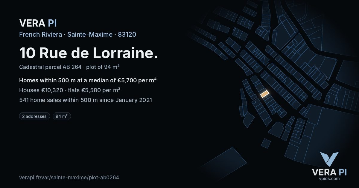 10 Rue de Lorraine, Sainte-Maxime at night – the plot lit, the parcels around coloured by the prices near them