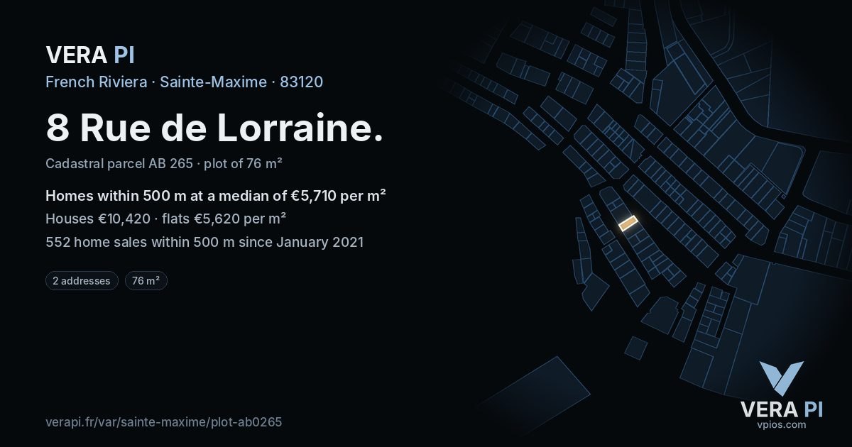 8 Rue de Lorraine, Sainte-Maxime at night – the plot lit, the parcels around coloured by the prices near them