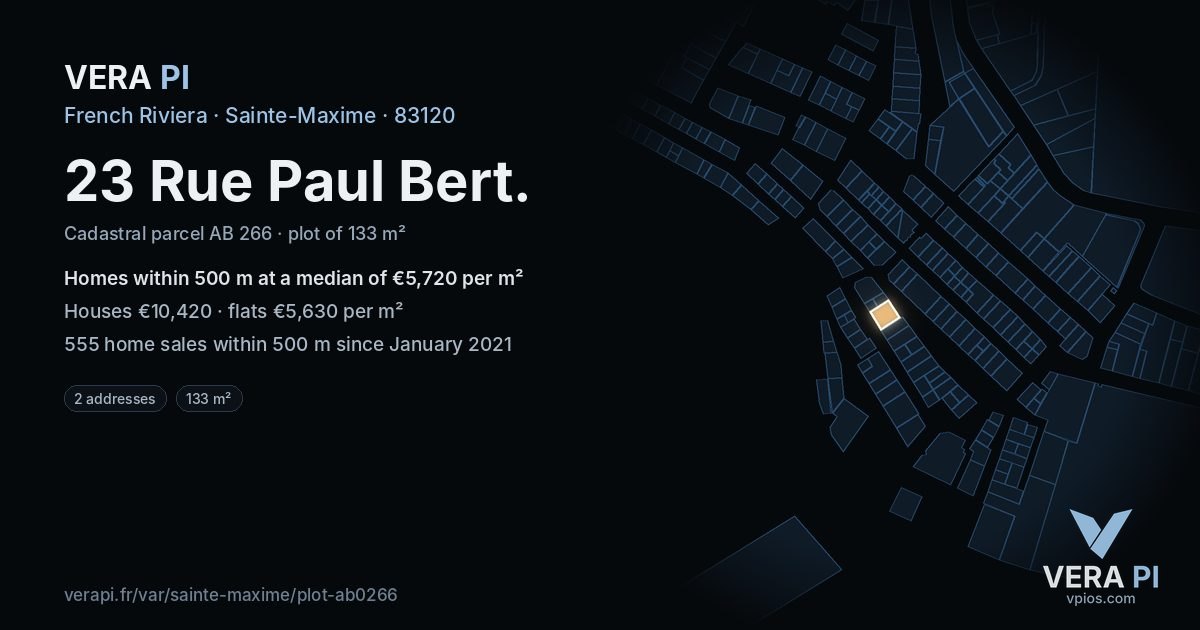23 Rue Paul Bert, Sainte-Maxime at night – the plot lit, the parcels around coloured by the prices near them