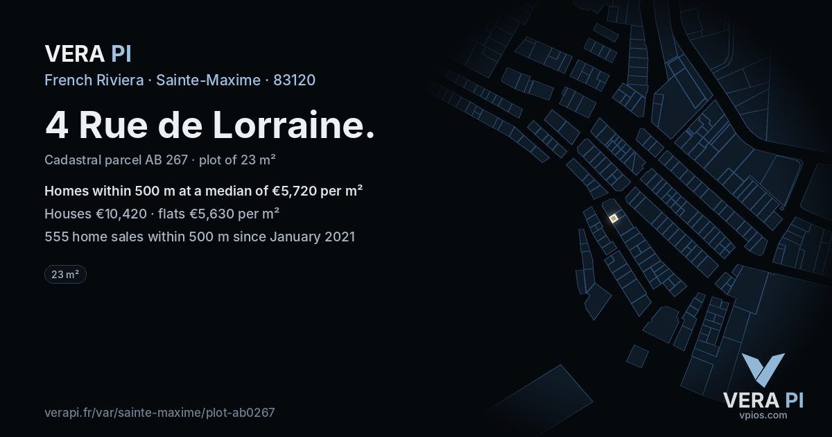 4 Rue de Lorraine, Sainte-Maxime at night – the plot lit, the parcels around coloured by the prices near them