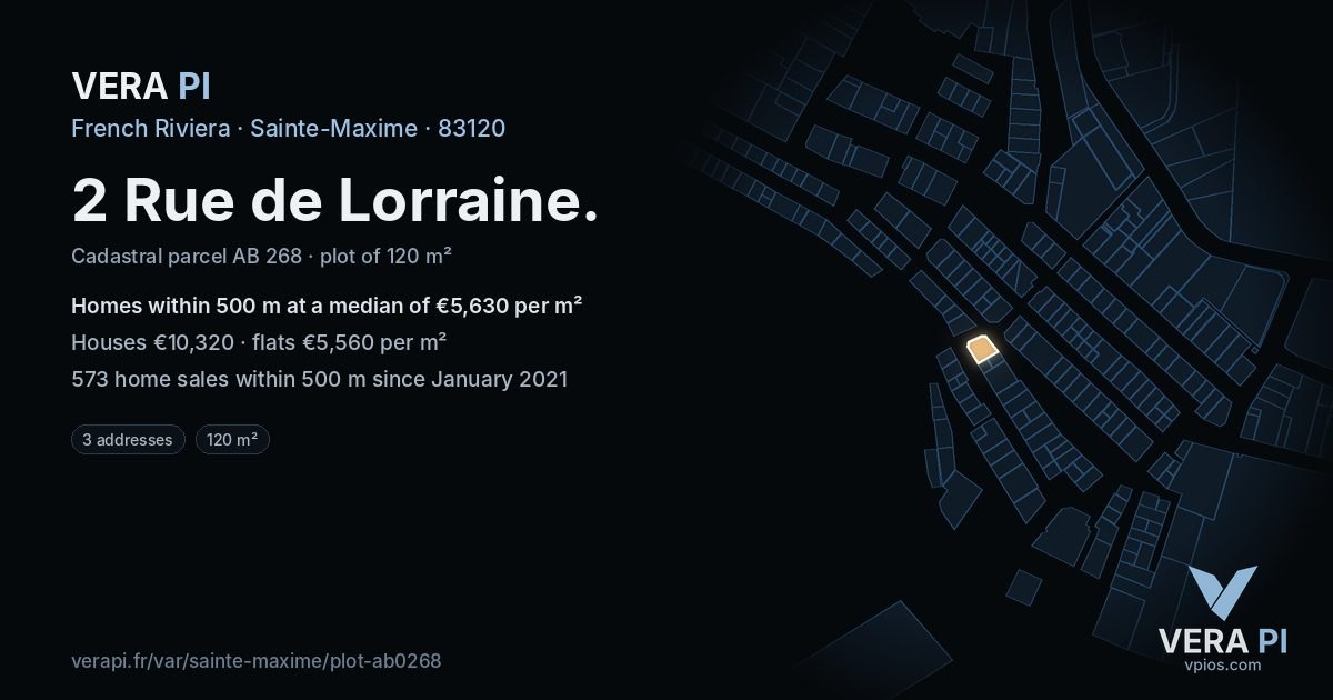 2 Rue de Lorraine, Sainte-Maxime at night – the plot lit, the parcels around coloured by the prices near them