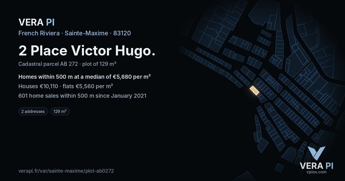 2 Place Victor Hugo, Sainte-Maxime at night – the plot lit, the parcels around coloured by the prices near them