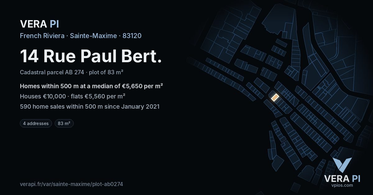 14 Rue Paul Bert, Sainte-Maxime at night – the plot lit, the parcels around coloured by the prices near them