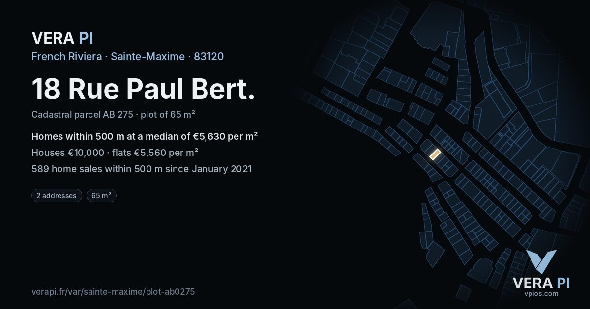 18 Rue Paul Bert, Sainte-Maxime at night – the plot lit, the parcels around coloured by the prices near them